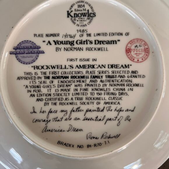 Vintage Norman Rockwell Collector Plate - "A Young Girl's Dream" Limited Edition - Picture 4 of 4